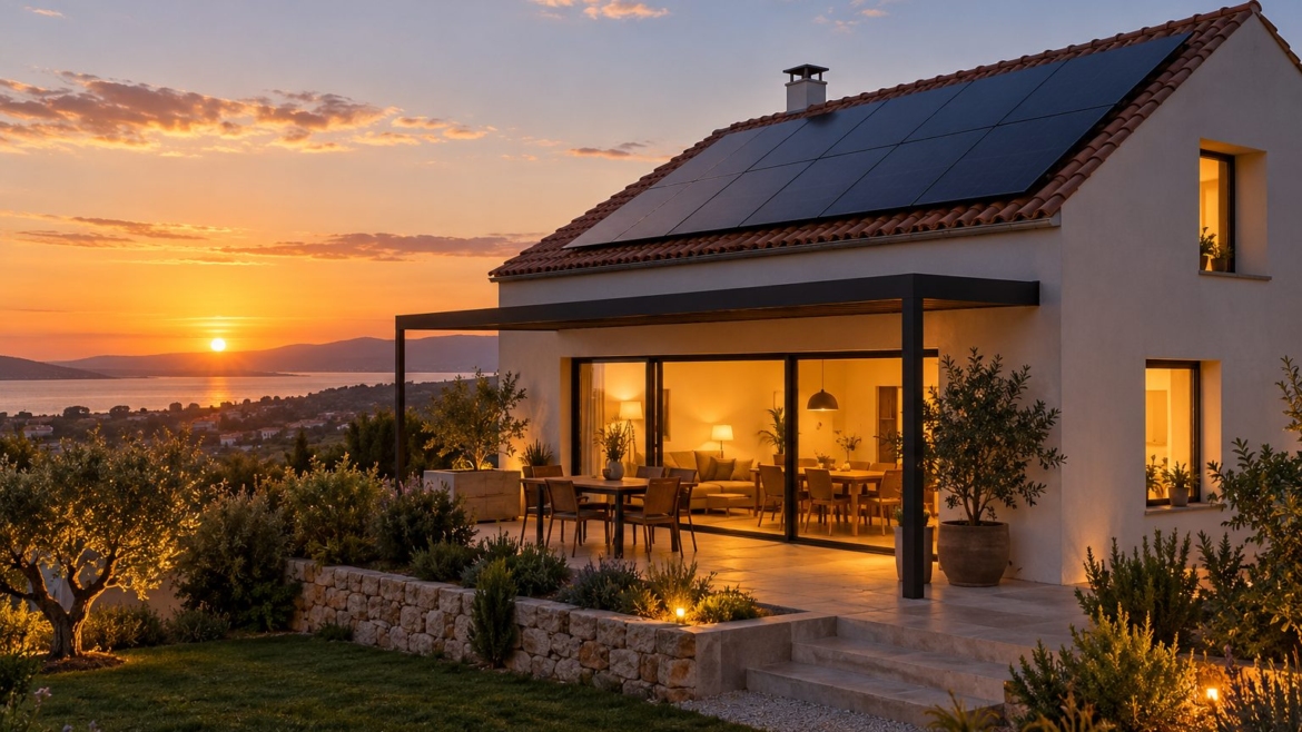 Ilustración de una vivienda con paneles solares en el tejado y luces interiores al atardecer.