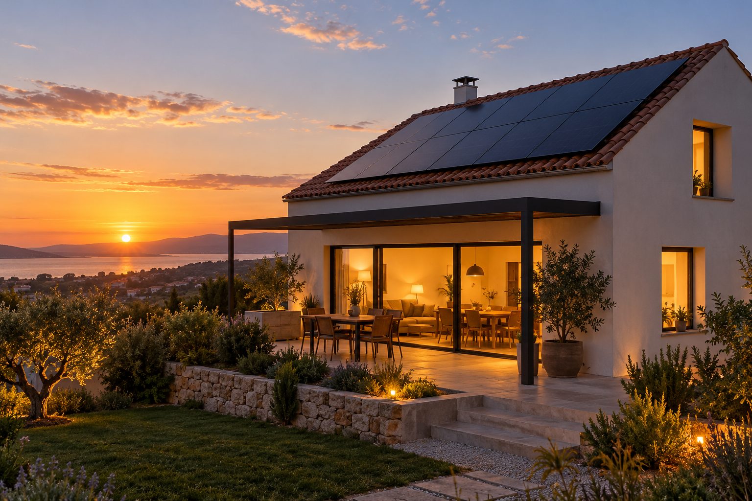 Ilustración de una vivienda con paneles solares en el tejado y luces interiores al atardecer.