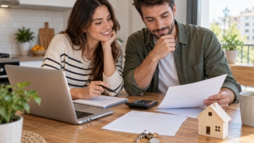 Pareja calculando el presupuesto de compra de su nueva vivienda