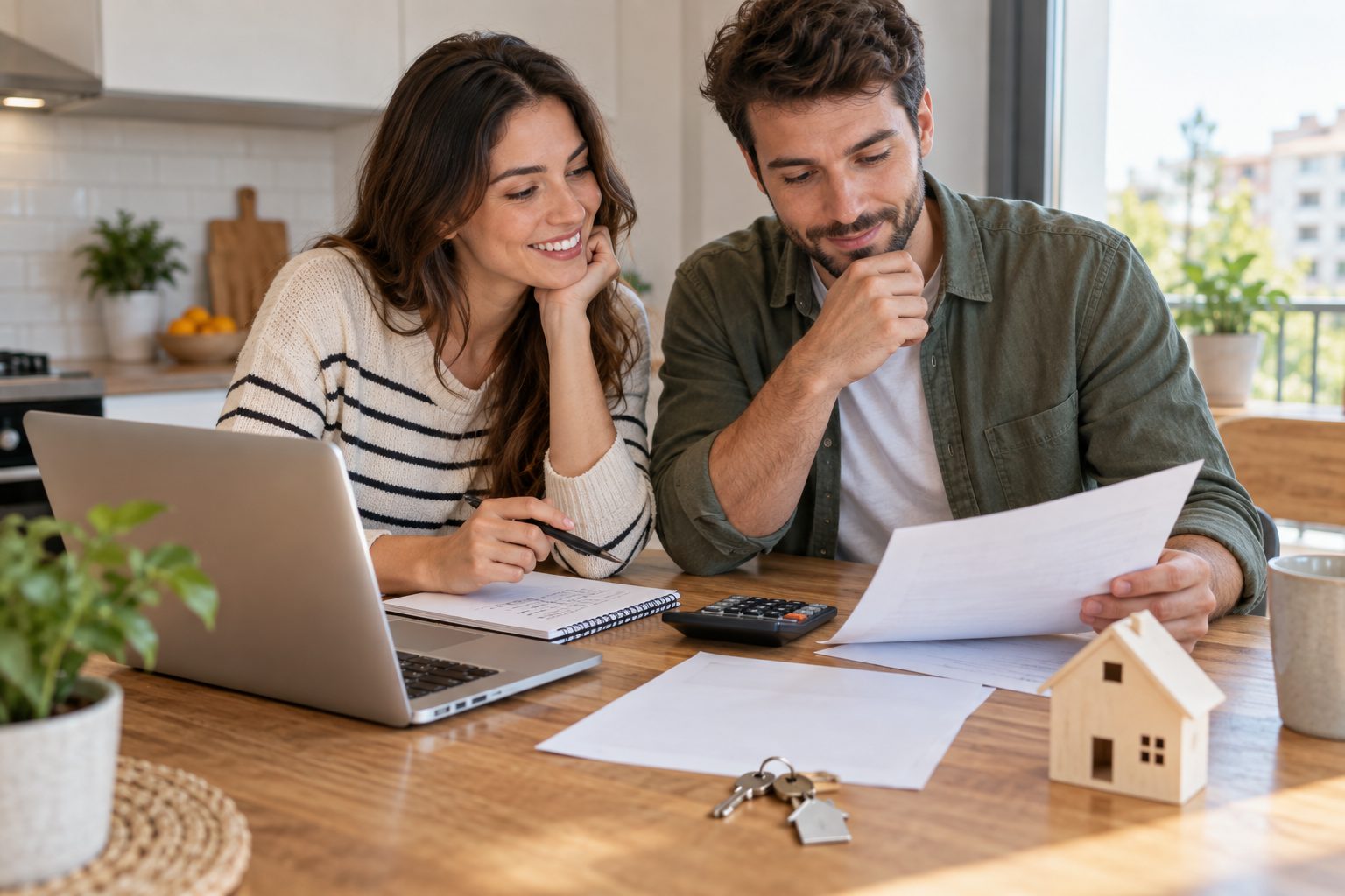 Pareja calculando el presupuesto de compra de su nueva vivienda