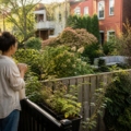 Vecina observando tranquilamente el jardín colindante desde su propia terraza