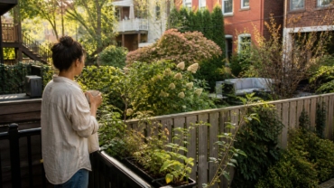 Vecina observando tranquilamente el jardín colindante desde su propia terraza