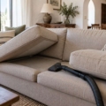 Sofá de tela beige con los cojines levantados y un accesorio de aspiración