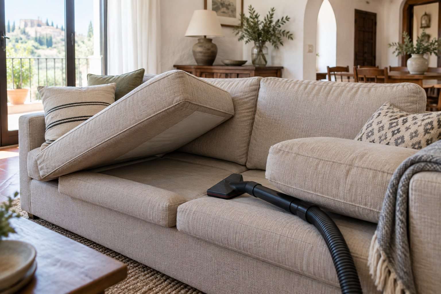 Sofá de tela beige con los cojines levantados y un accesorio de aspiración